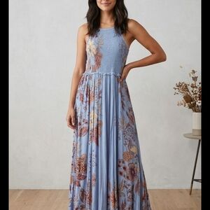 Free People Blue Floral Smocked-Halter Midi Dress Size M